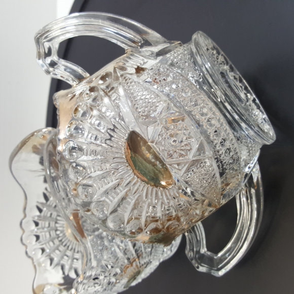 Pressed Glass Antique Creamer Sugar Set, Clear Gold SUNRISE FAN Pattern
